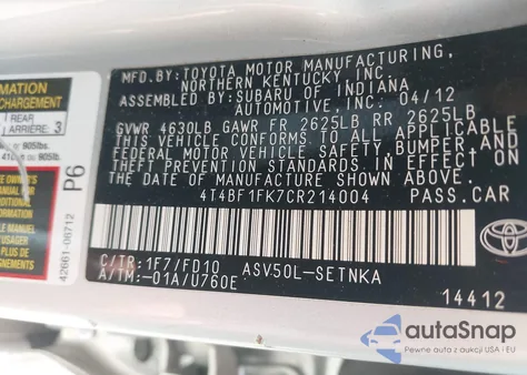 2012 Toyota Camry Le z USA, uszkodzony, nr VIN 4T4BF1FK7CR214004